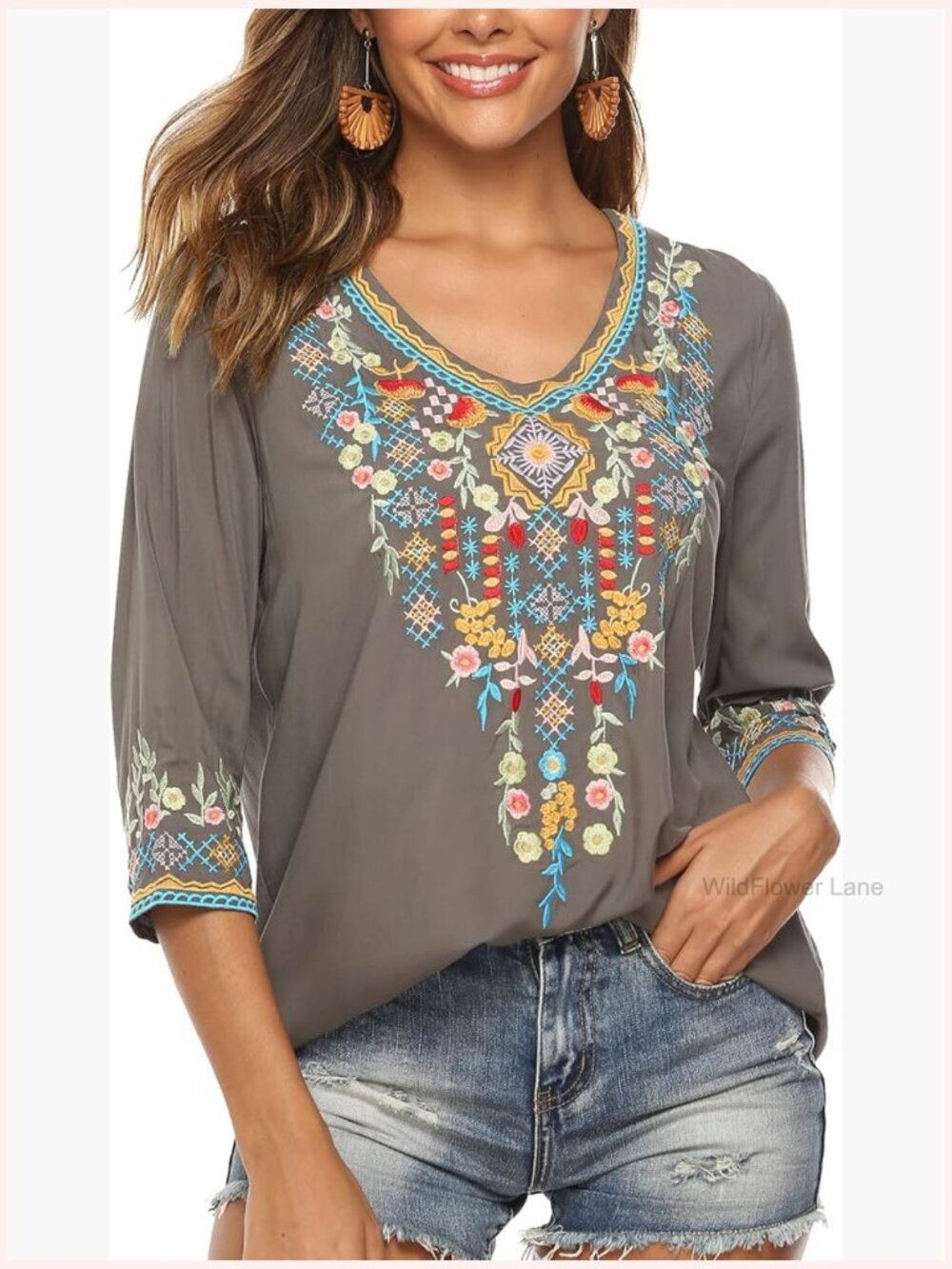 Boho Embroidered Peasant Blouse V-Neck 3/4 Sleeve Tunic